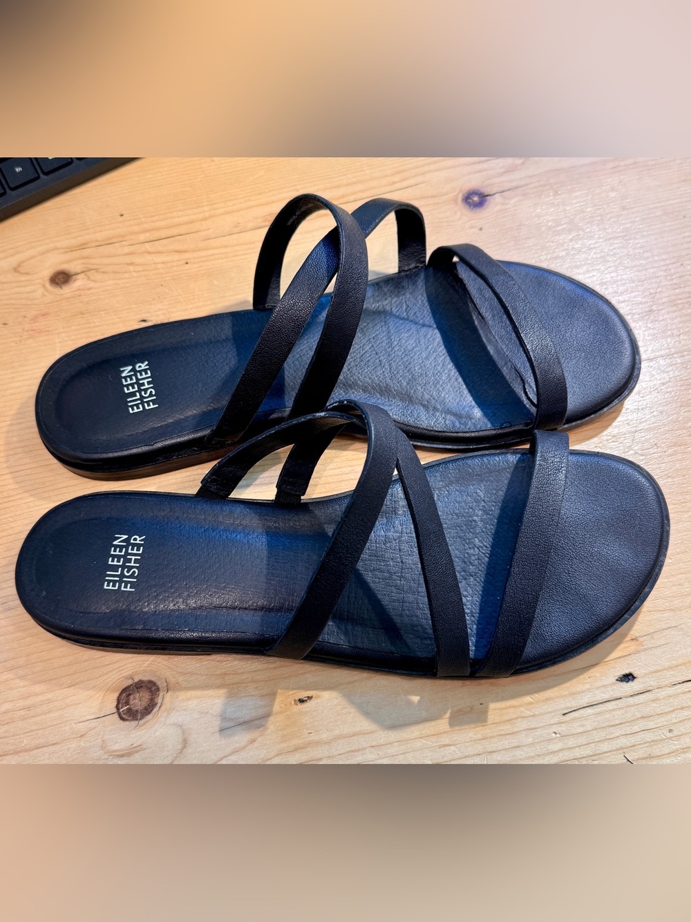 Eileen Fisher Black Leather Multi-Strap Slide Sandals 10 Women EUC
